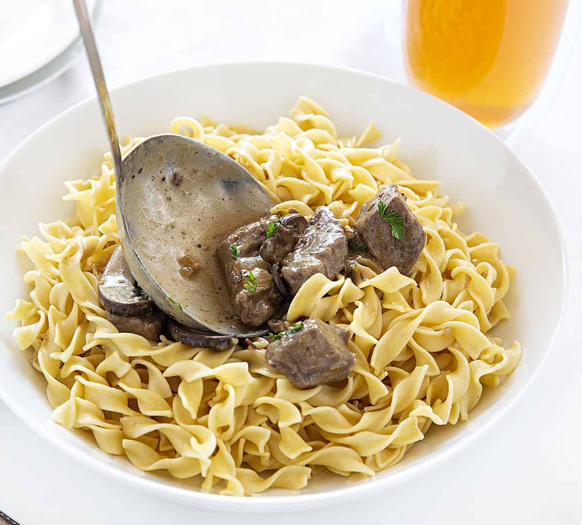 Spooning Beef Stroganoff Over Pasta