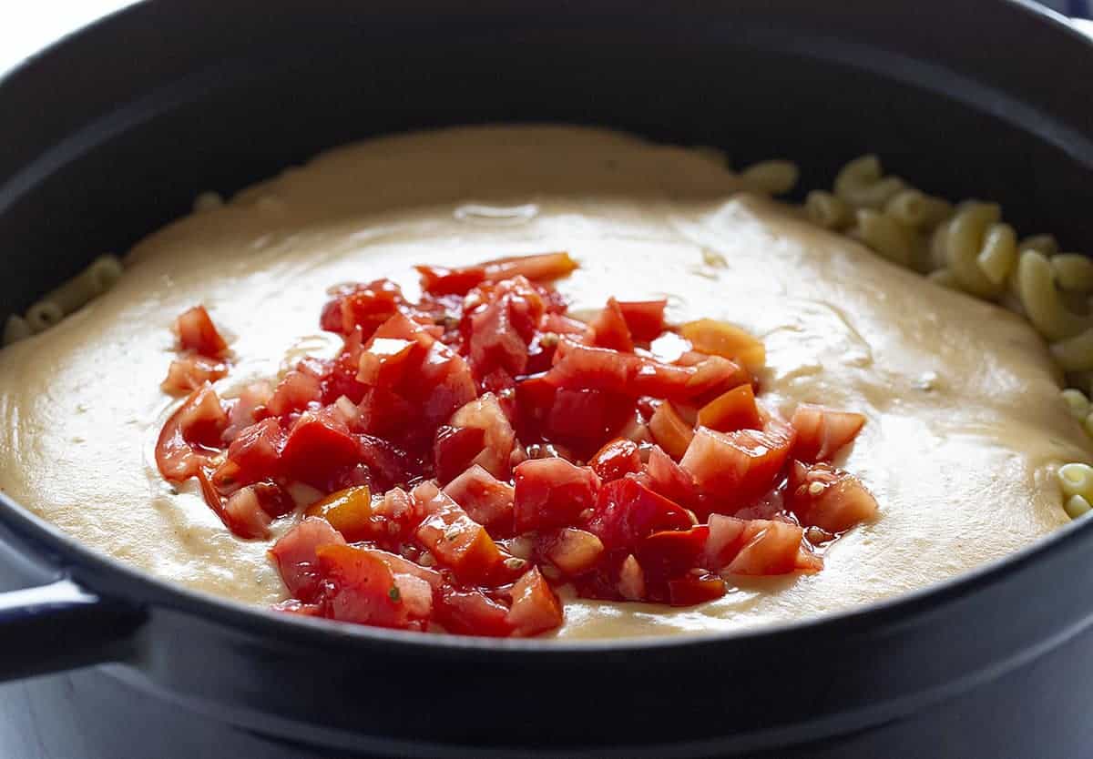 Adding Tomatoes to Cajun Chicken Macaroni and Cheese