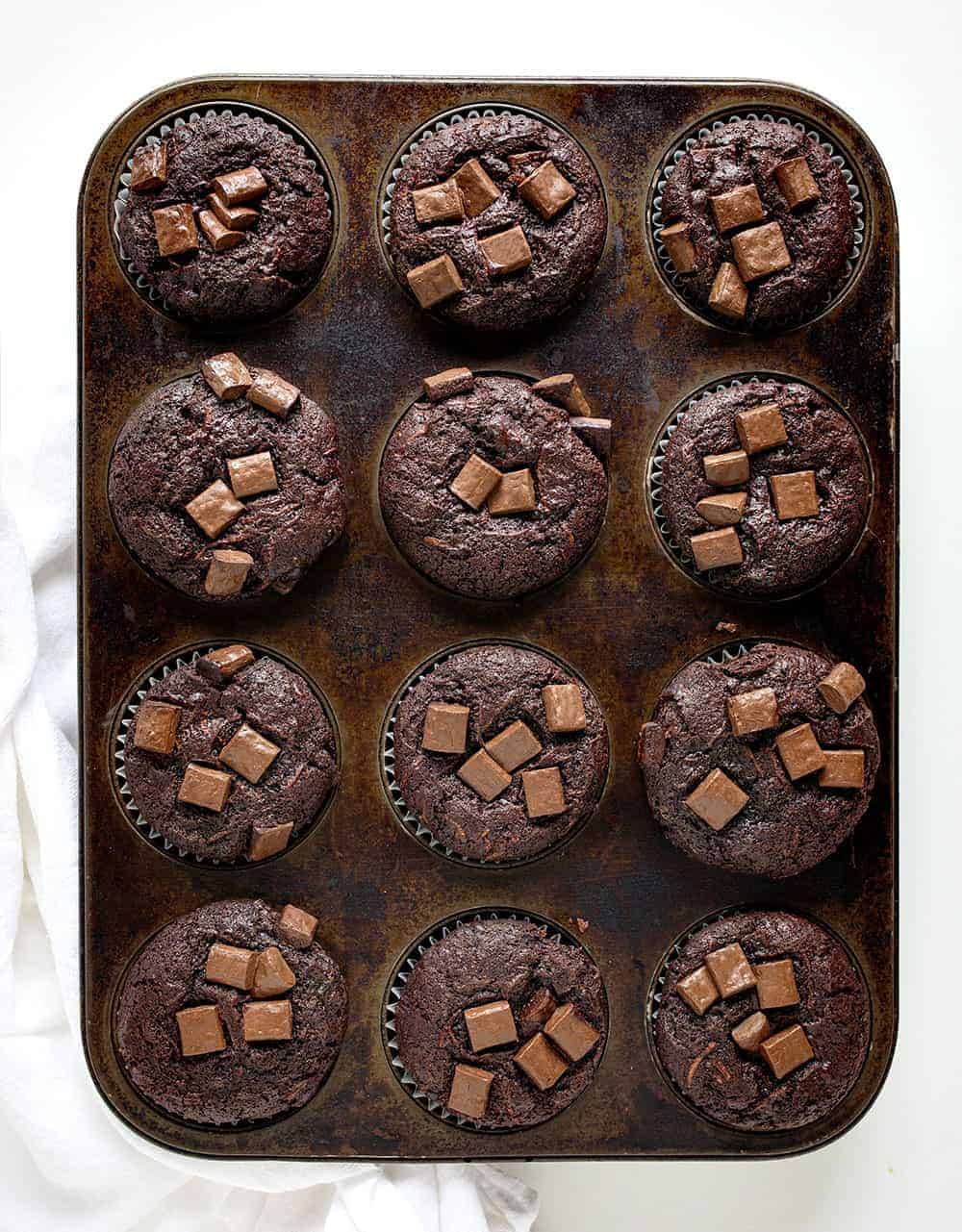 Overhead Pan of Baked Chocolate Zucchini Muffins