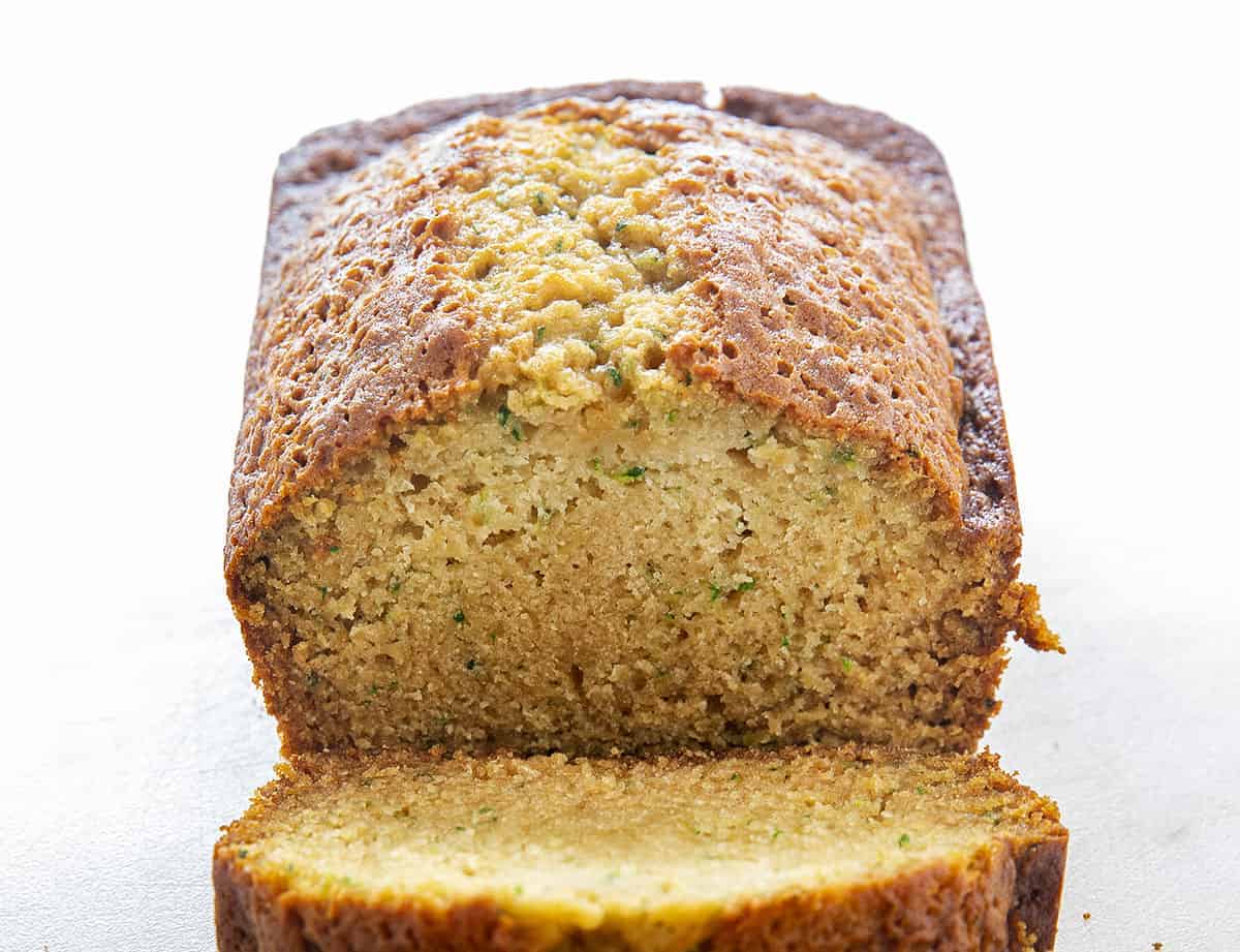The Best Zucchini Bread Cut into and Showing Inside Texture