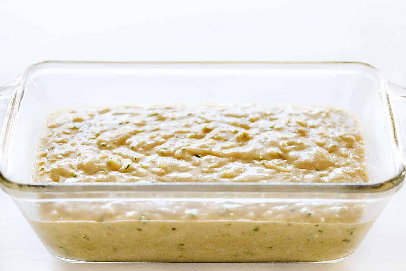 Unbaked Pan of Zucchini Bread Batter