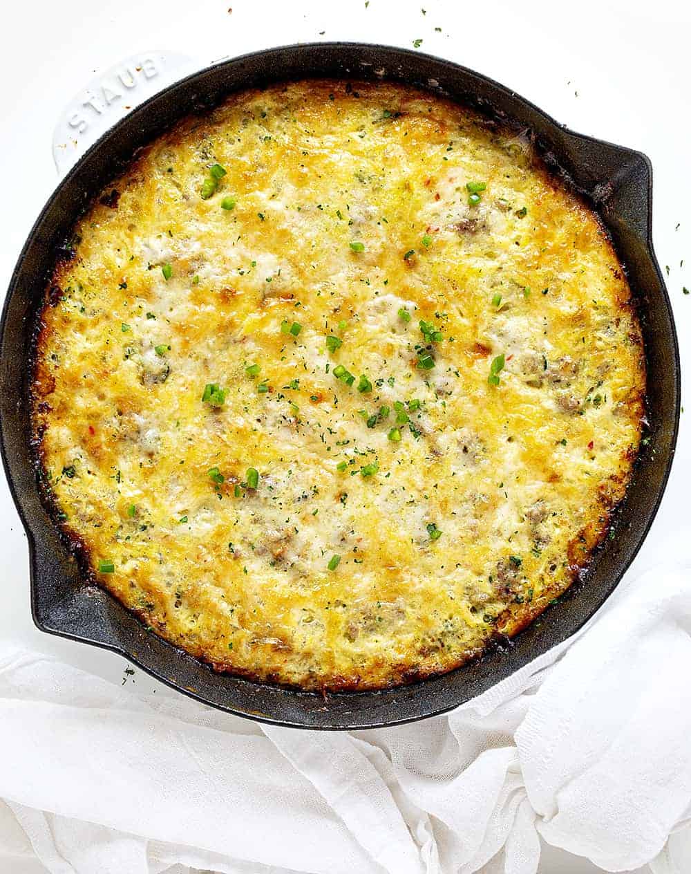 Overhead View of a Pan of Sausage and Zucchini Breakfast Skillet