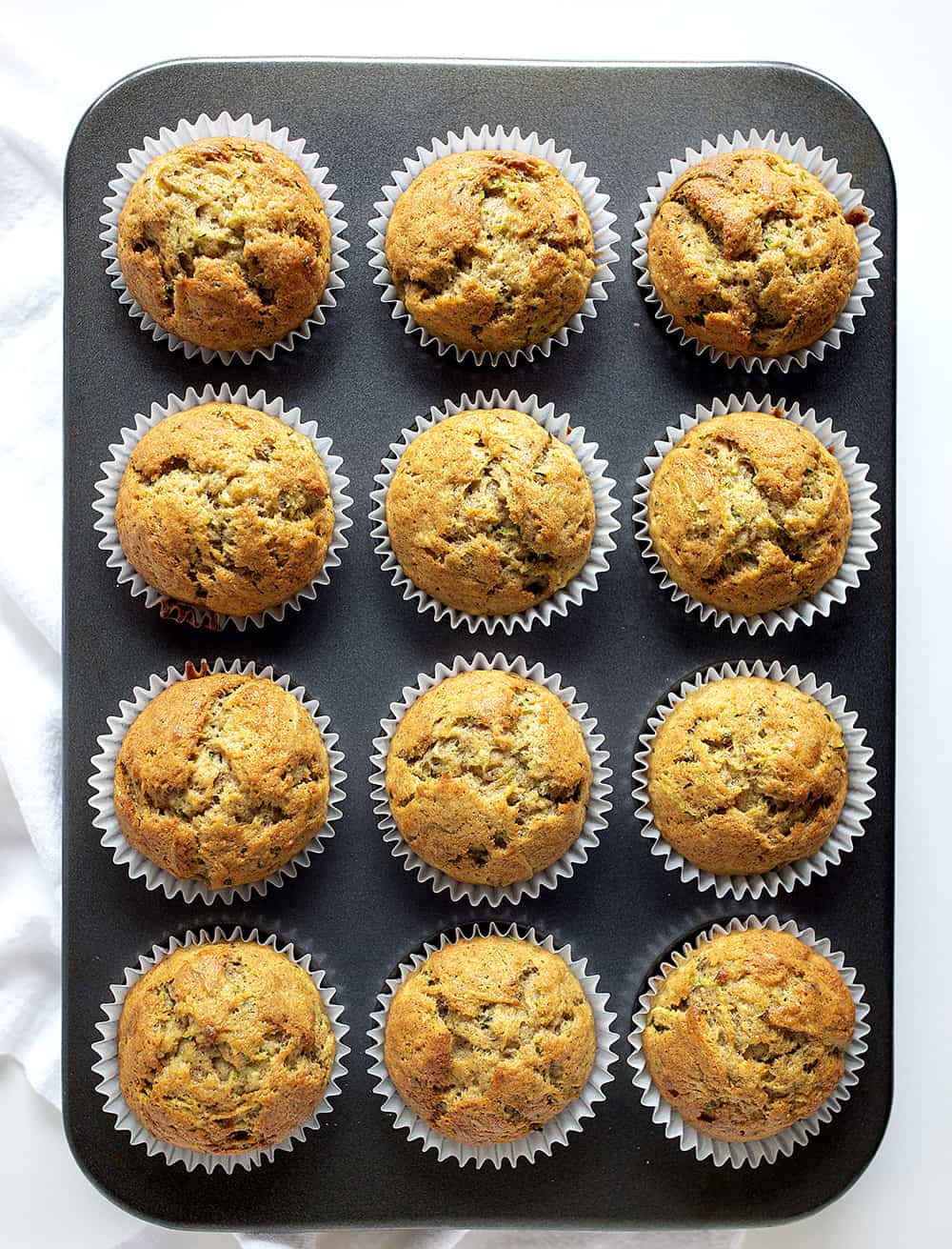 Pan of Baked Banana Zucchini Muffins From Overhead.
