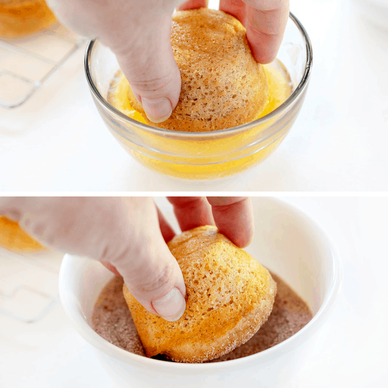 Dipping Donut Muffin into Butter and Cinnamon Sugar