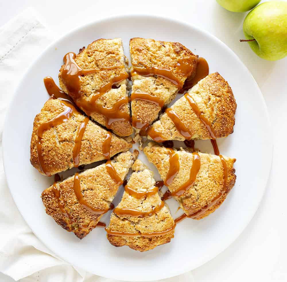 Overhead White Plate of Caramel Apple Pecan Scones