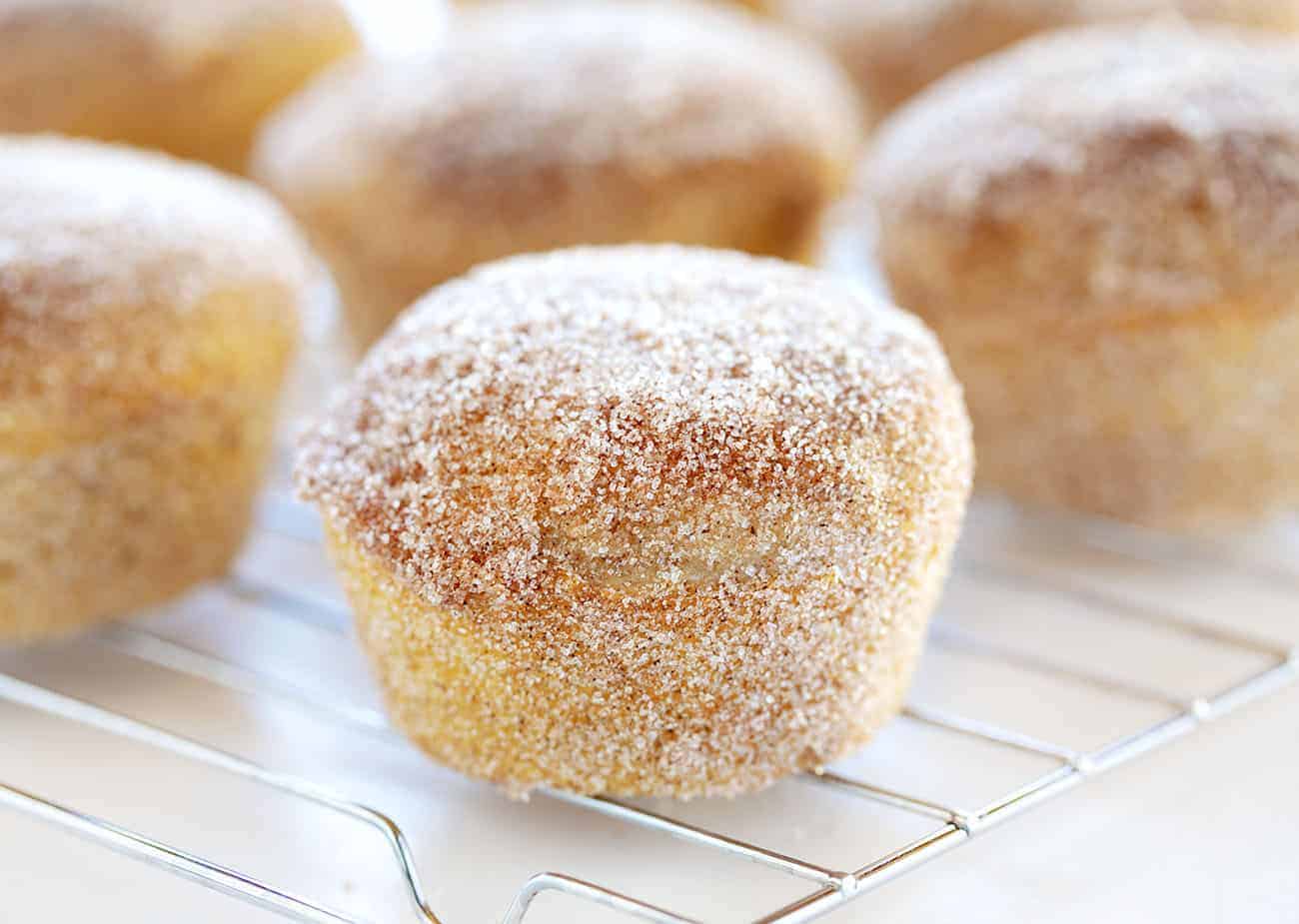 Cinnamon Sugar Donut Muffins on a Wire Rack