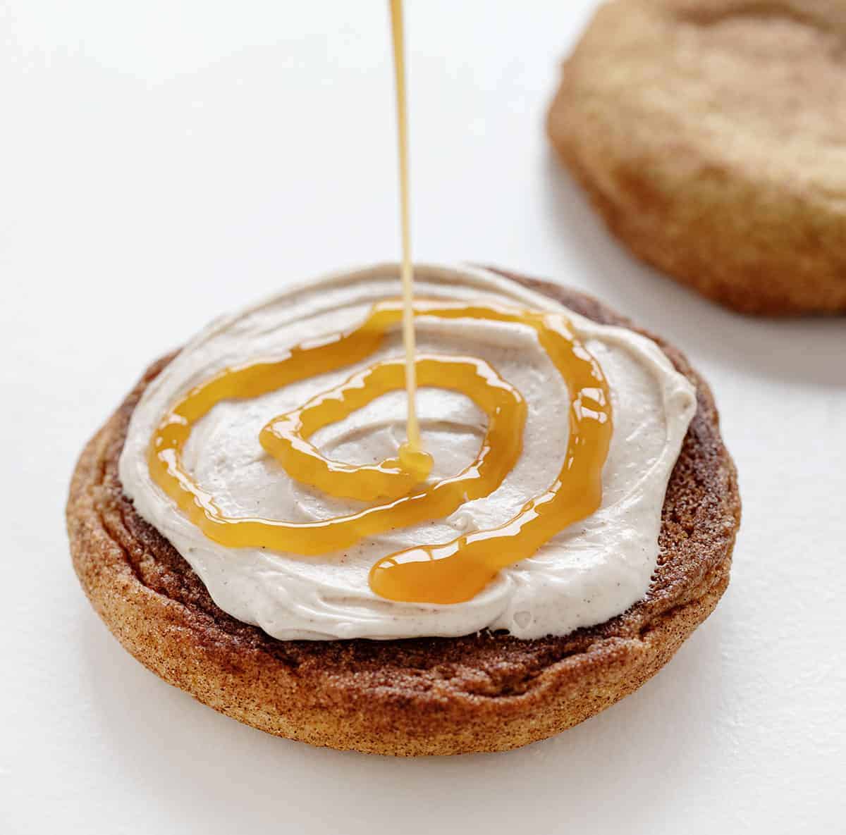 Adding Caramel to giant snickerdoodle cookie sandwich