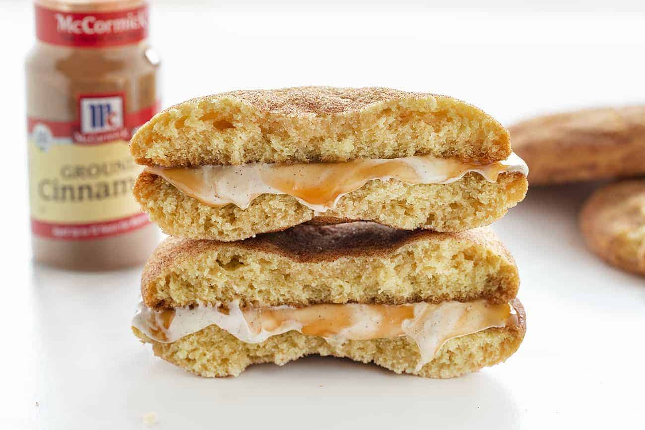 Snickerdoodle Cookie Sandwich Broken in Half