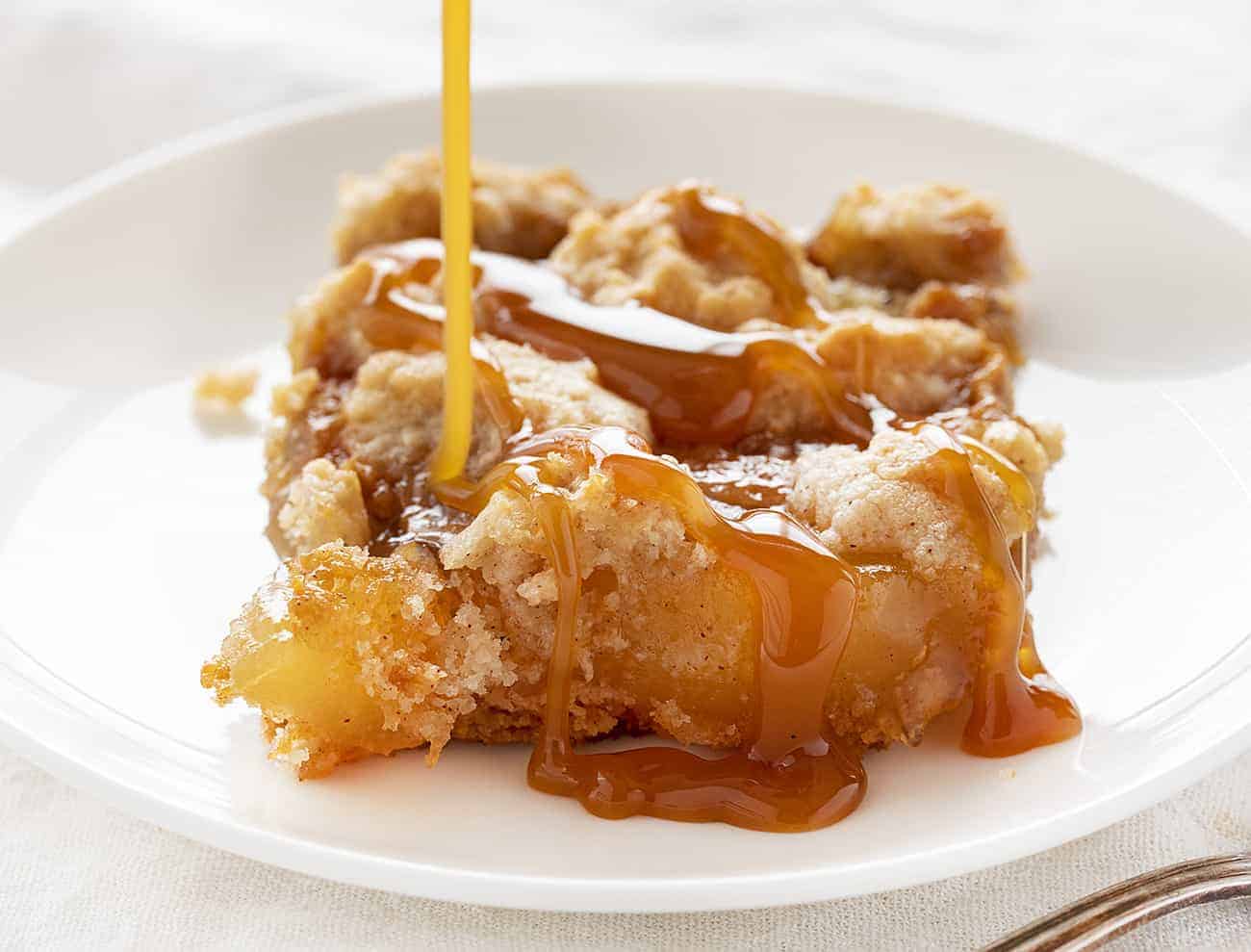 Drizzling Caramel over Caramel Apple Dump Cake