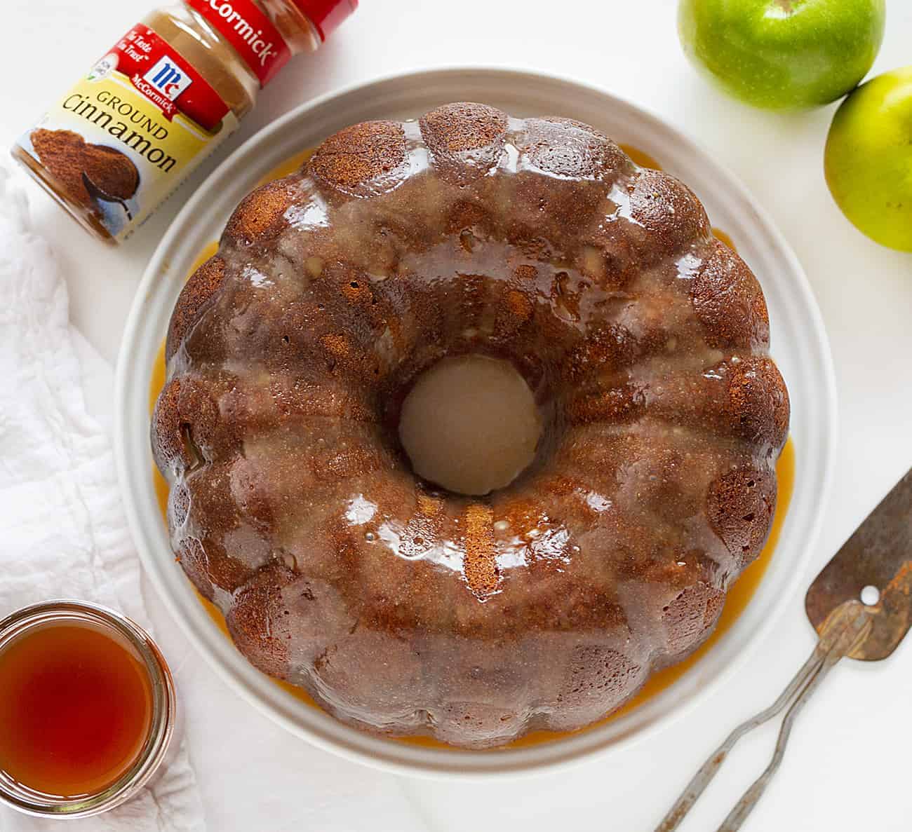 Overhead of Cinnamon Apple Moonshine Cake with McCormick Cinnamon