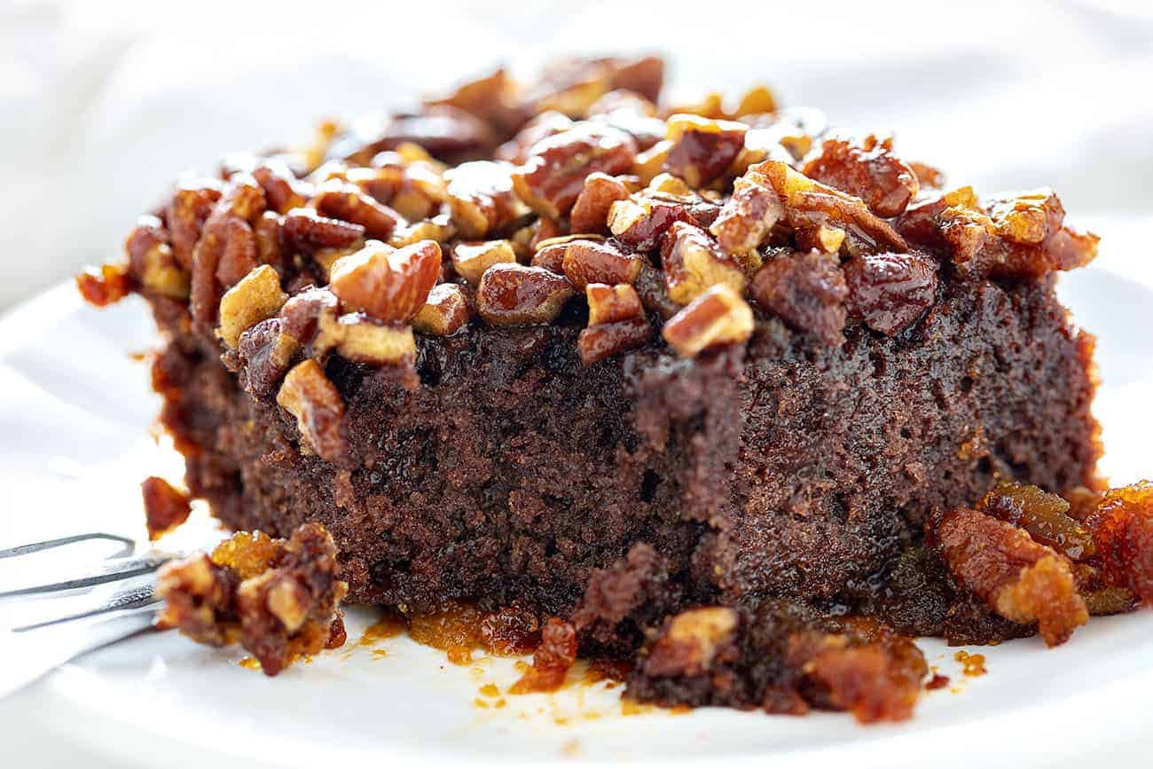 Ooey Gooey Pecan Brownies with a bite taken out