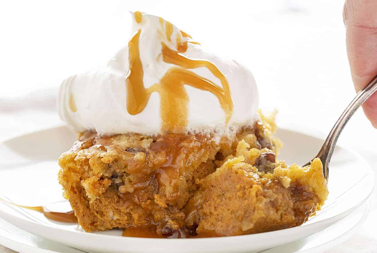 Fork full of Pumpkin Pecan Dump Cake