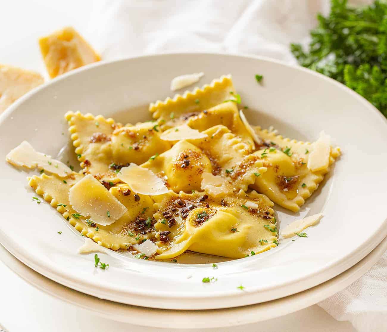 Homemade Five Cheese Ravioli in a White Bowl