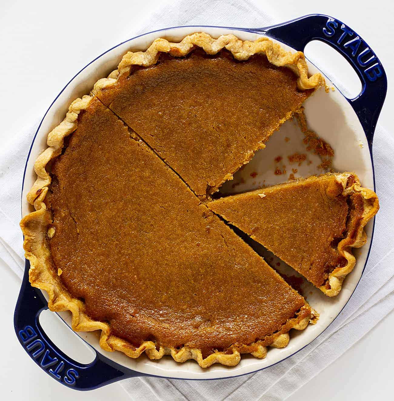 Overhead of Sweet Potato Pie Cut into a few Pieces