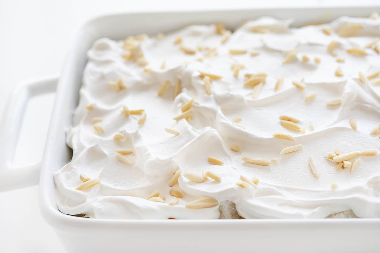 Whipped Cream and Slivered Almonds on Cherry Vanilla Heaven Dessert