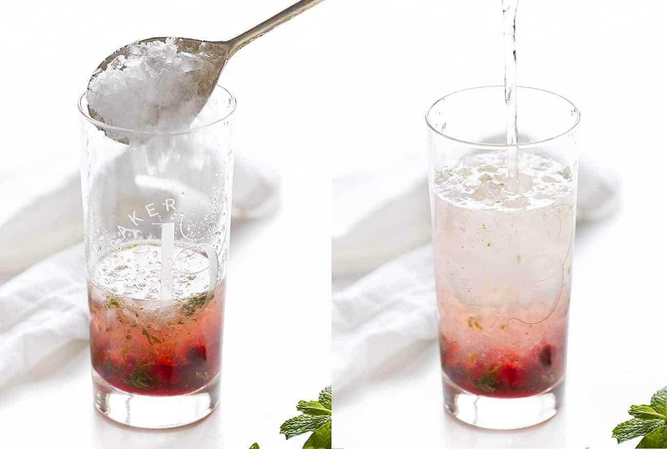 Adding Crushed Ice and Seltzer to Cranberry Lime Mojito