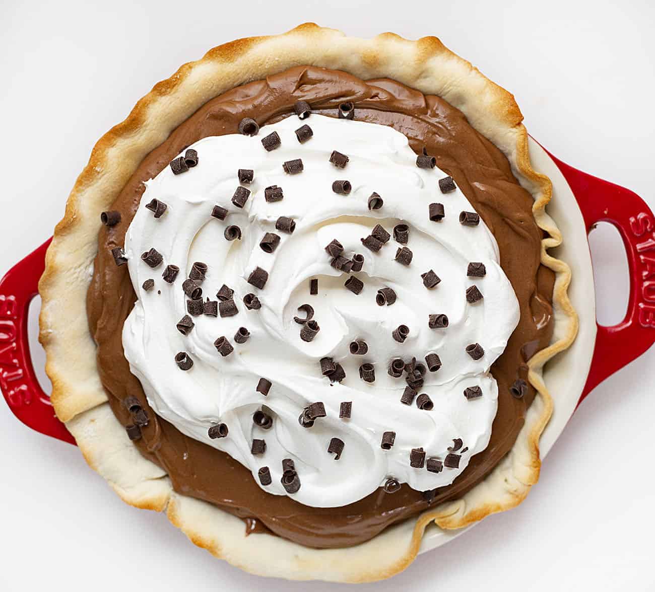 Overhead of French Silk Pie in Red Pie Plate