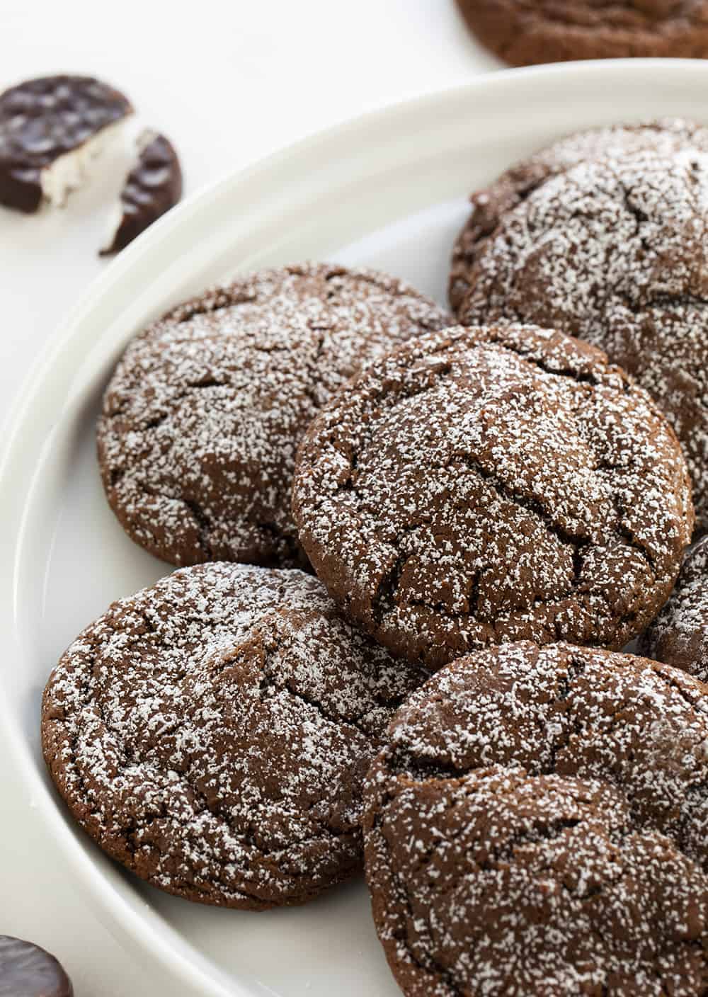 Peppermint Patty Stuffed Chocolate Cookies on a White Plate