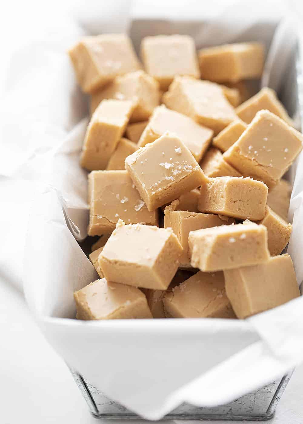 Salted Caramel Fudge Cut into Pieces in Metal Container