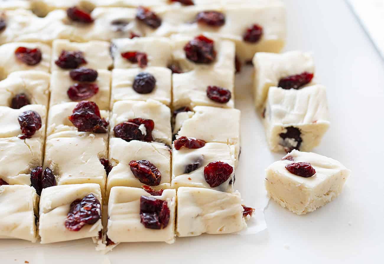 White Chocolate Cranberry Fudge Cut into Small Pieces