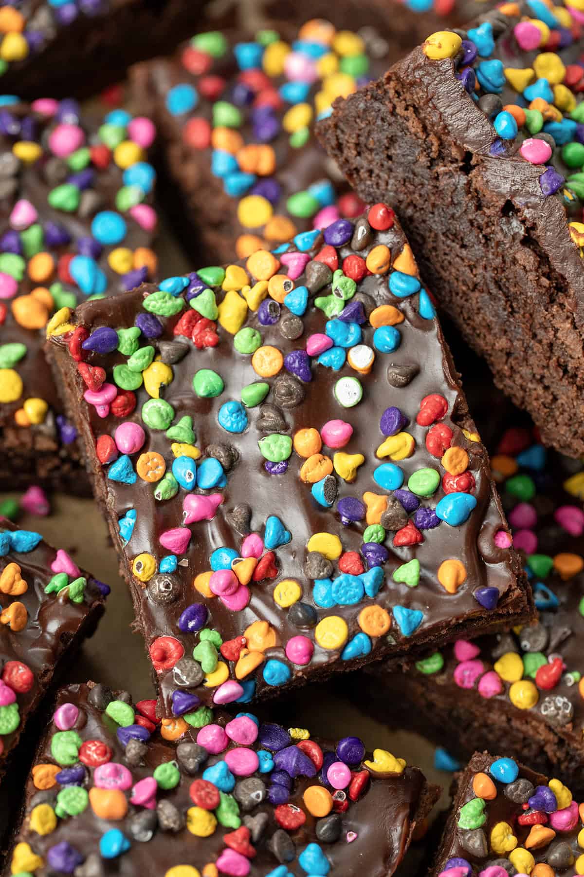 Close up of stacked Rainbow Chip Brownies.