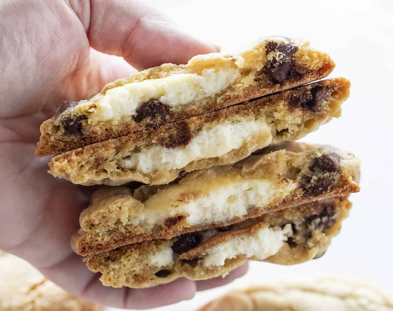 Halved Cheesecake Stuffed Chocolate Chip Cookies