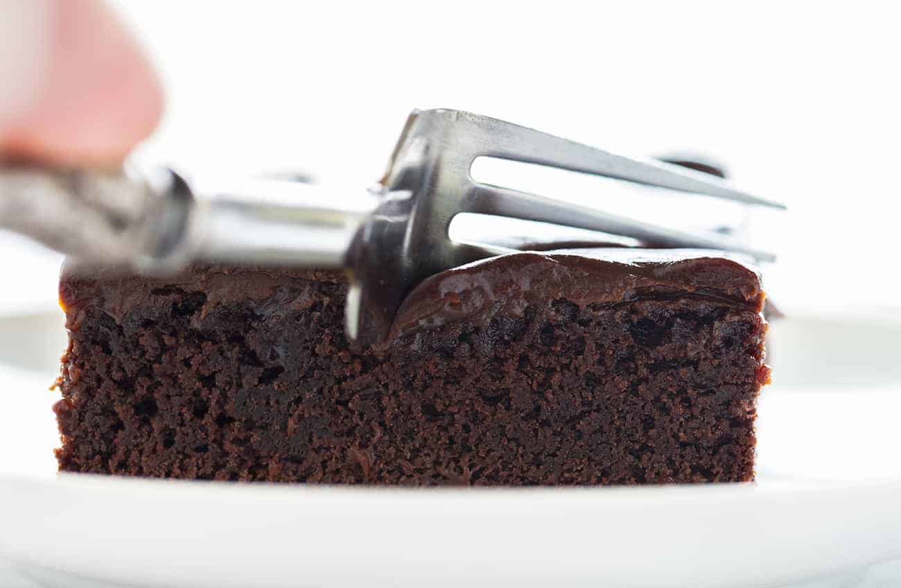 Chocolate Cherry Brownies Cut with a Fork