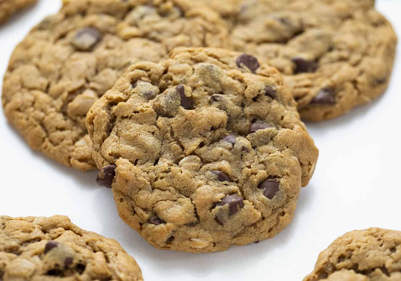 Flourless Peanut Butter Chocolate Chip Cookies on White Surface