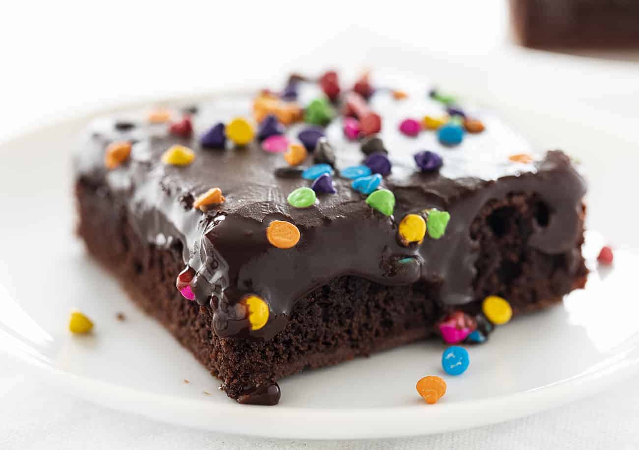 Rainbow Chip Brownie on a White Plate