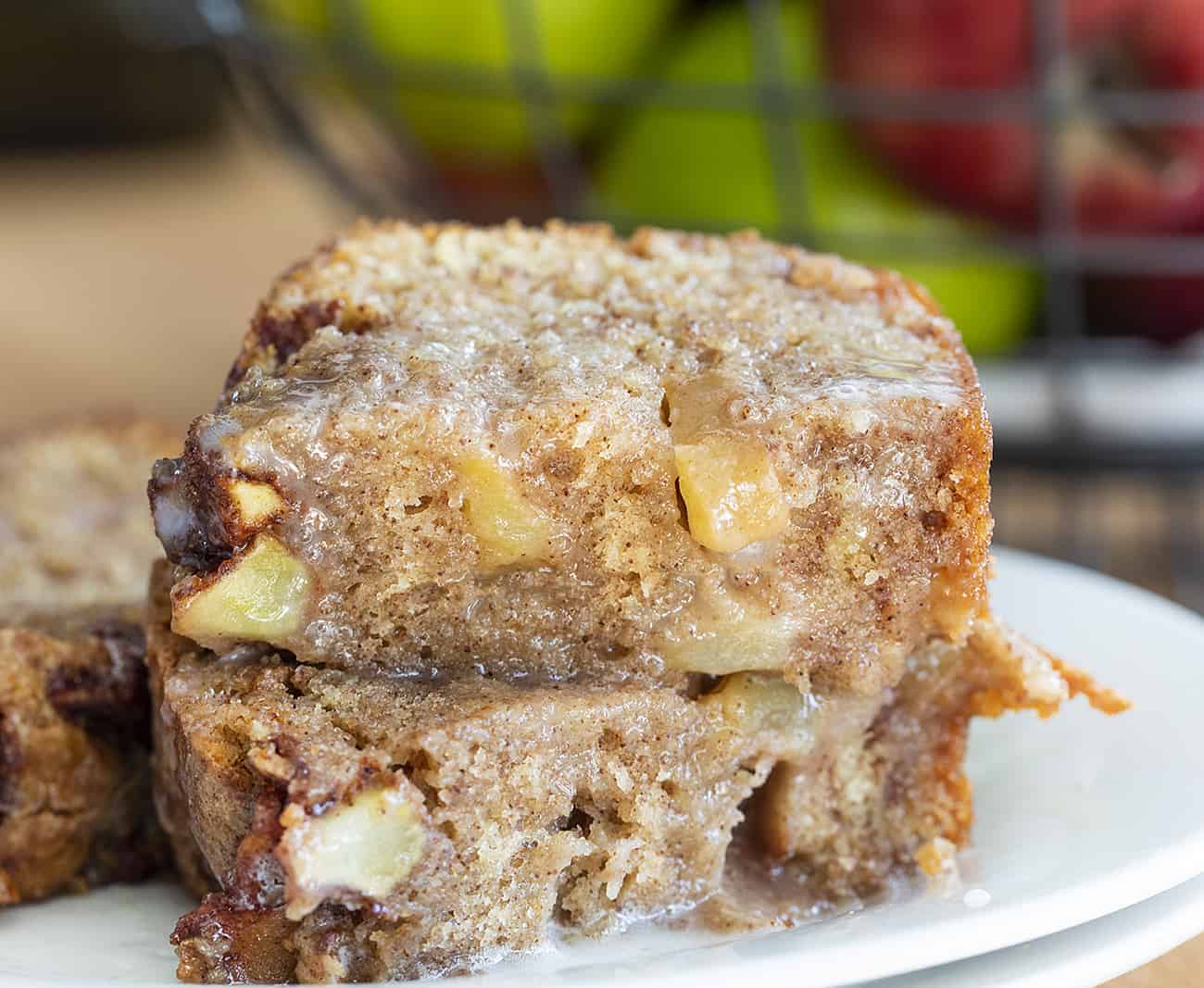 Cut Into Apple Fritter Bread on White Plate