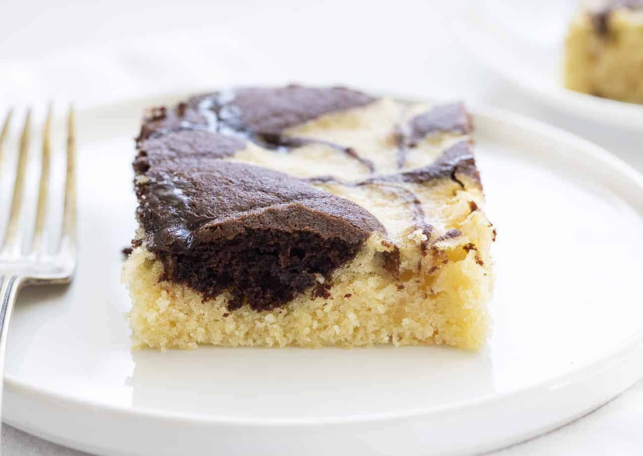 Slice of Marble Cake on a White Plate