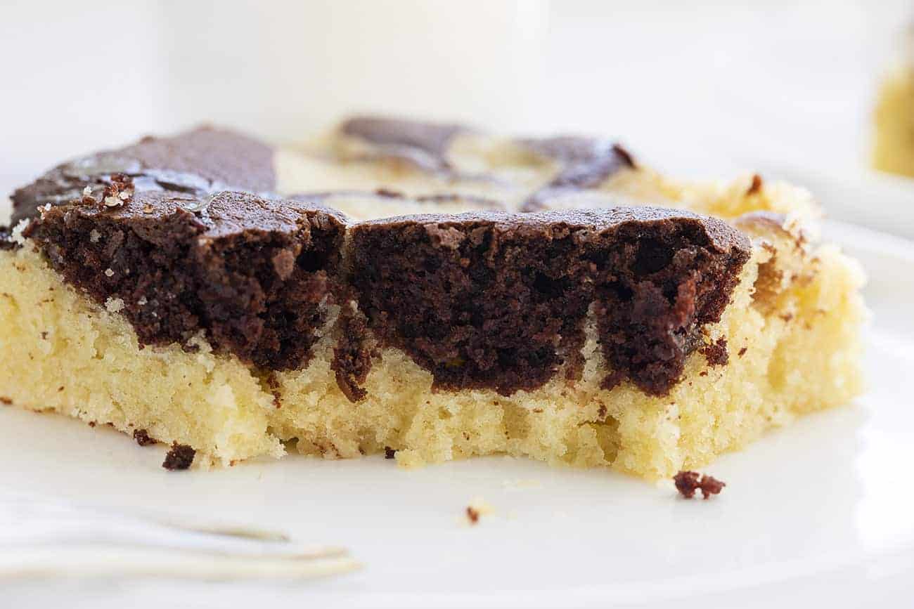 Piece of Moist Marble Sheet Cake with Perfect Chocolate and Vanilla Crumb