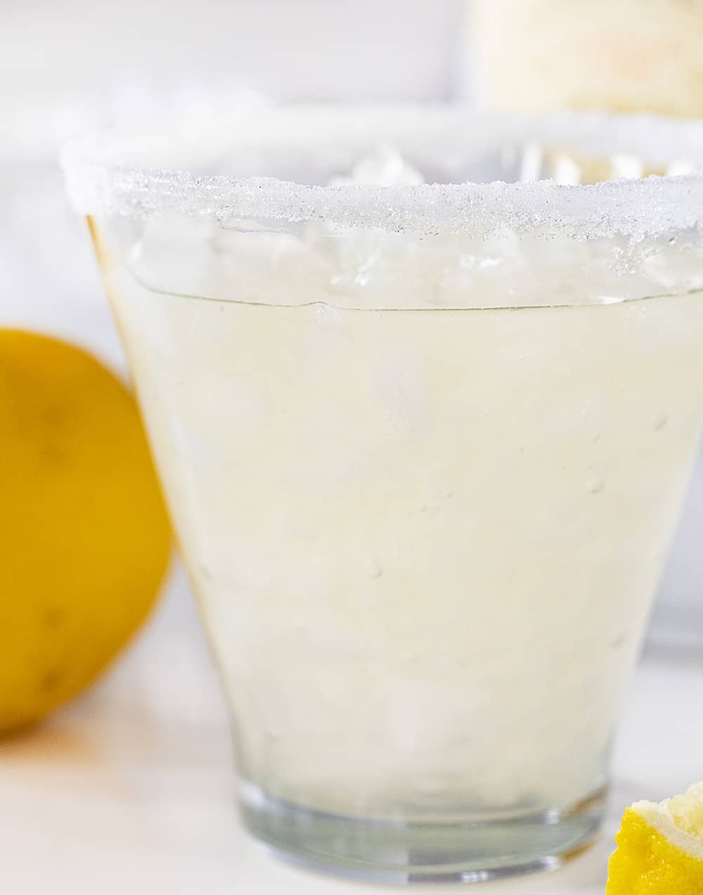 Close up view of short martini glass of Lemon Drop Martini