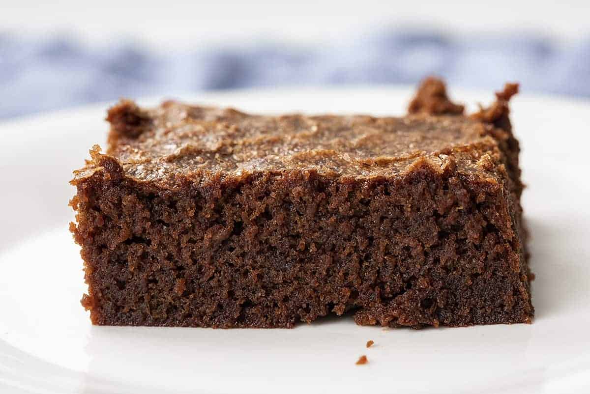 Close Up of One Sourdough Brownie on White Plate