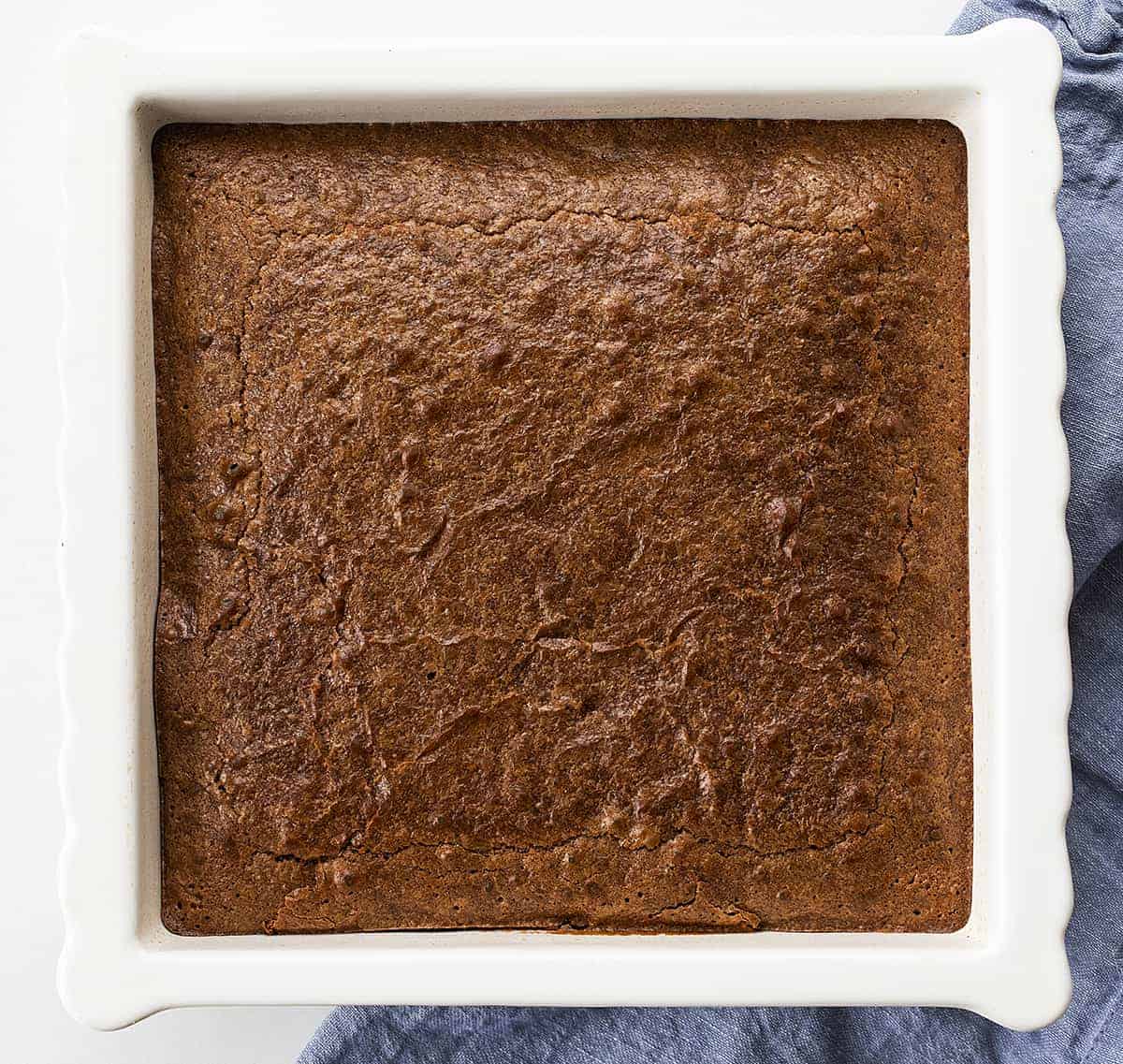 Overhead Image of Easy Sourdough Brownies in White Baking Pan