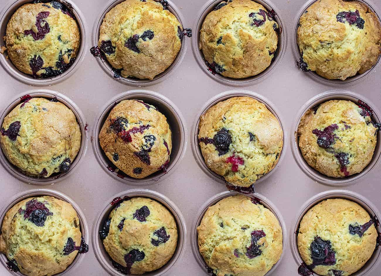 Sourdough Blueberry Muffins Overhead in Farberware Rose Pan