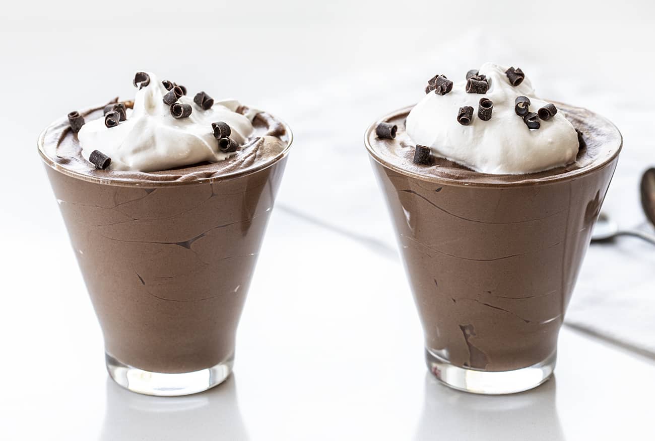 Two Easy Chocolate Mousse Cups with Whipped Cream and Mini Chocolate Curls