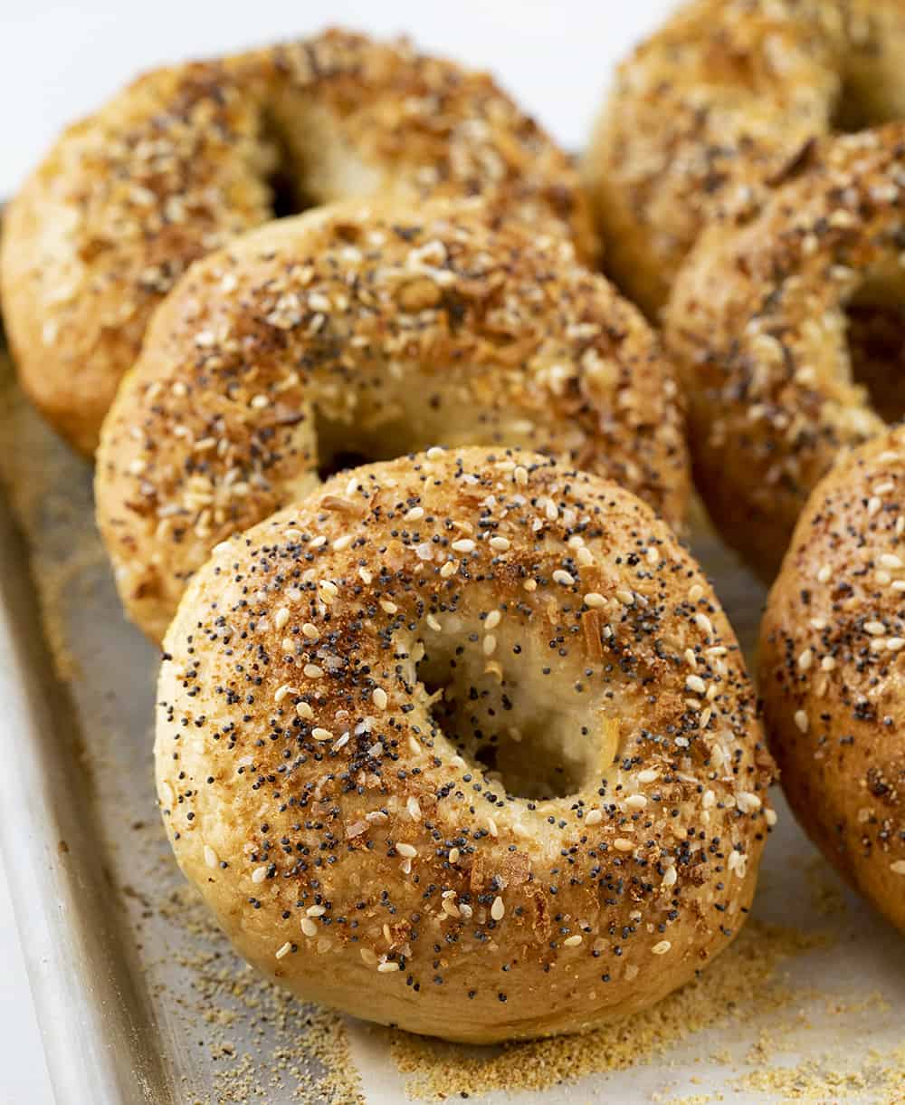 Tray of Baked Everything Bagels Stacked Up