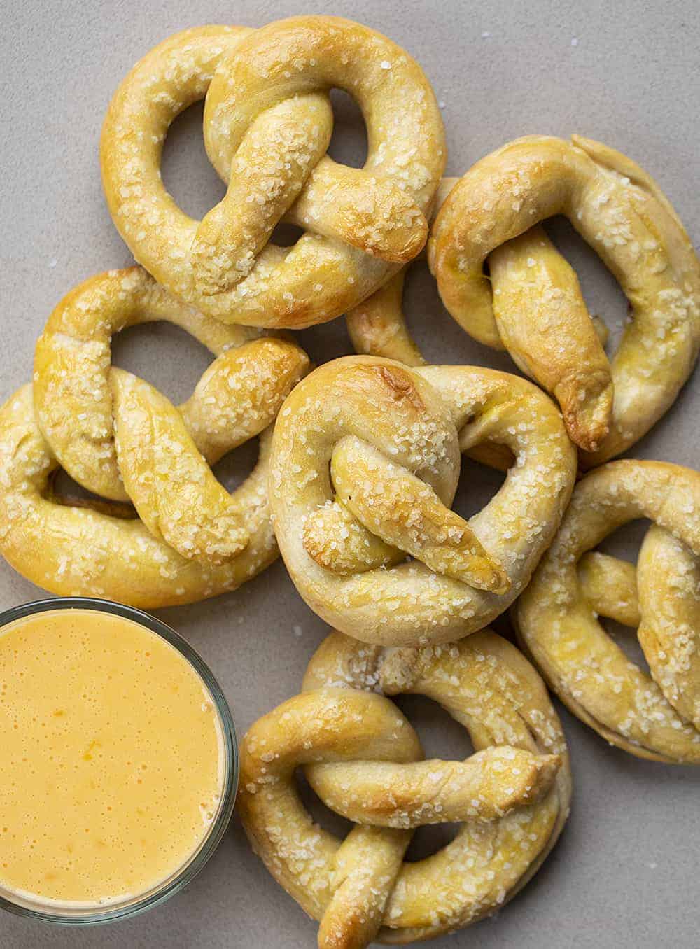 Overhead Image of Sourdough Homemade Pretzels with Cheese Dipping Sauce