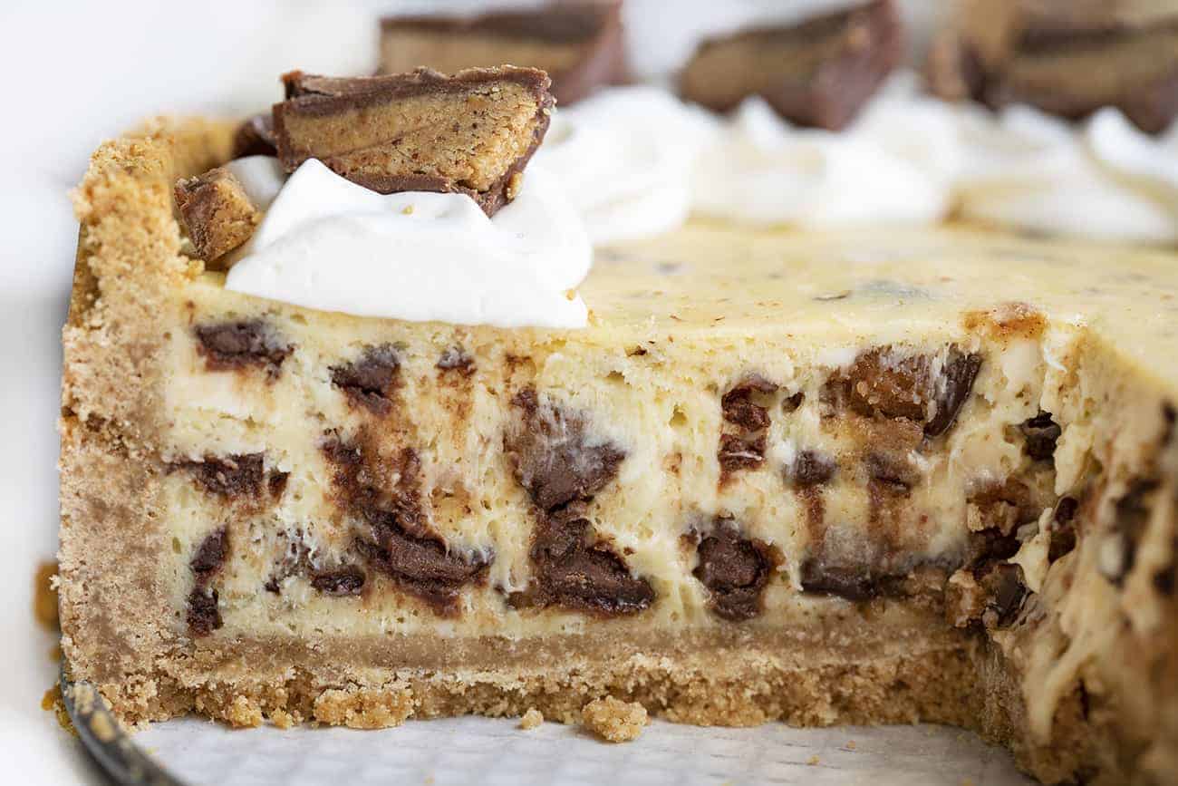 Close up of the Inside of a Reese's Cheesecake on a Platter