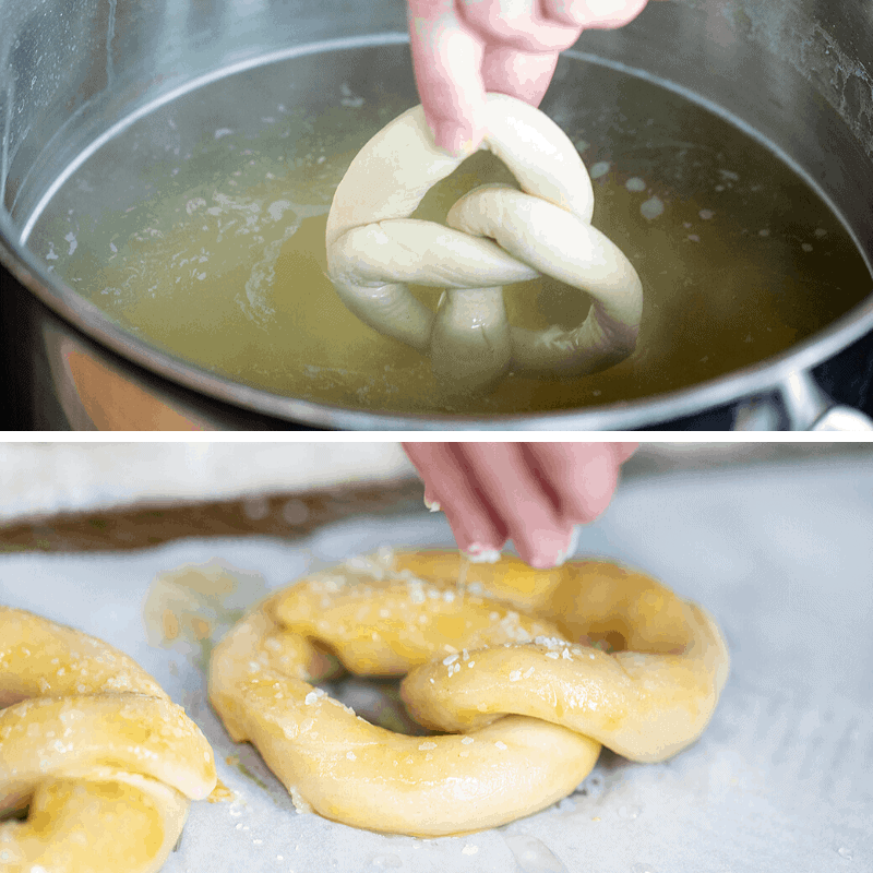 Sourdough Pretzels Being Dipped in Water and Sprinkles with Sea Salt