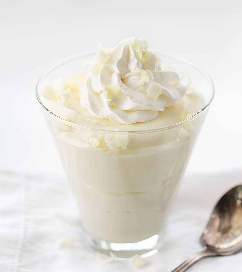 Two Ingredient White Chocolate Mousse in a Low Ball Glass with Whipped Cream