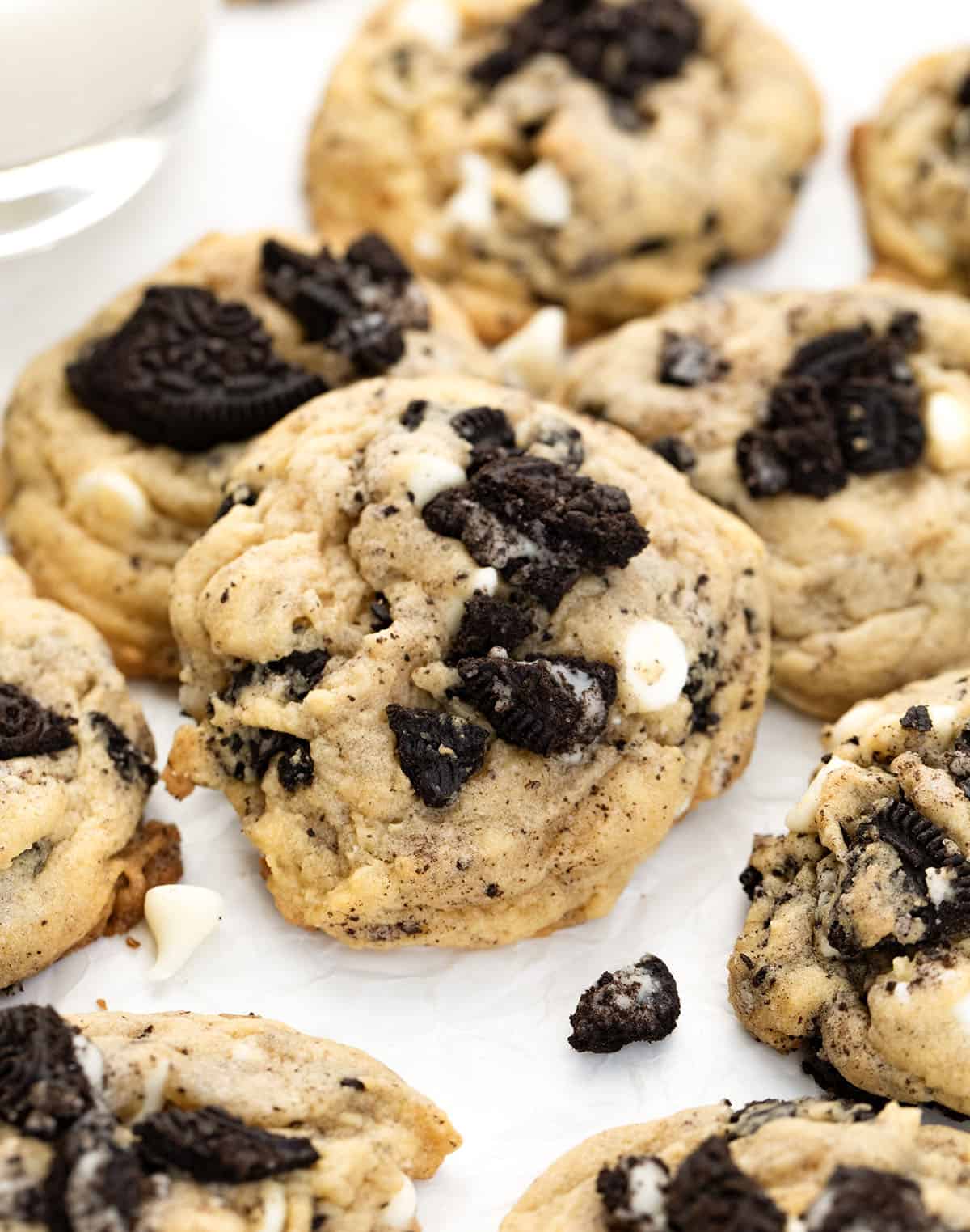 Close up of an Oreo cookie on a white table.