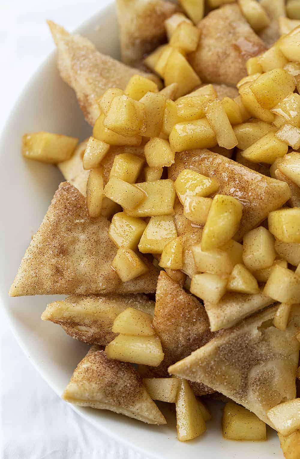 Close Up of Bowl of Apple Pie Nachos on White Napkin