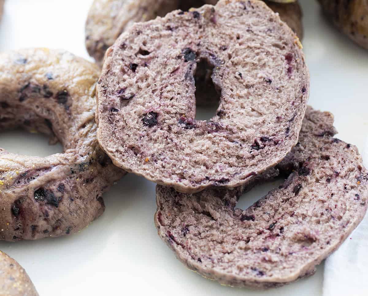 Close up of Blueberry Bagels Cut in Half to Show Inside