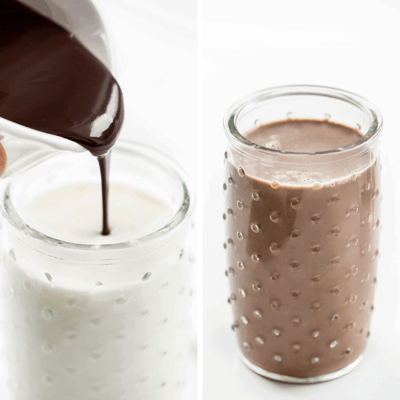 Pouring Homemade Chocolate Syrup into Milk and Making Chocolate Milk