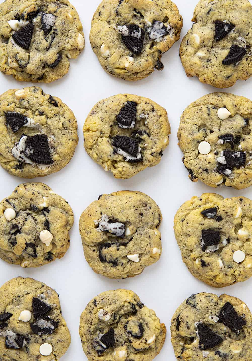 Overhead Image of Cookies and Cream Cookies Placed Next to Each Other on White Flat Surface