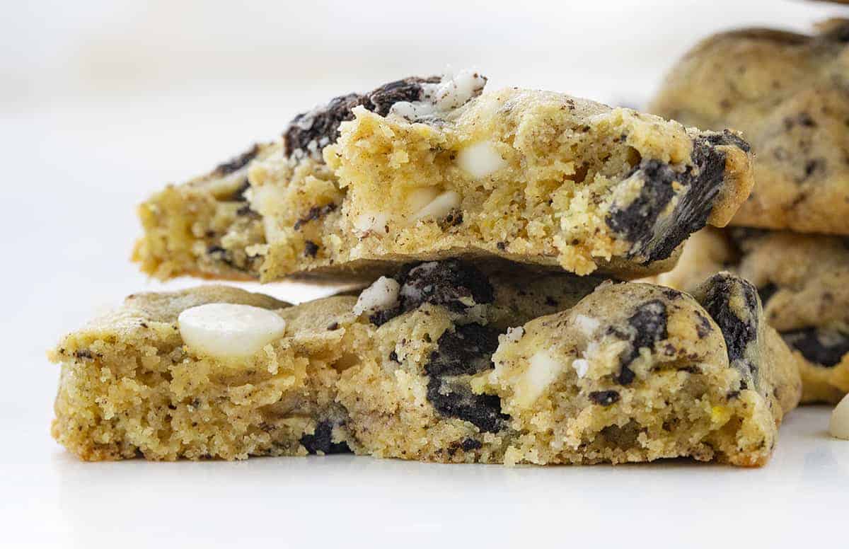 Cookies and Cream Cookie Broken in Half with Inside Texture Showing