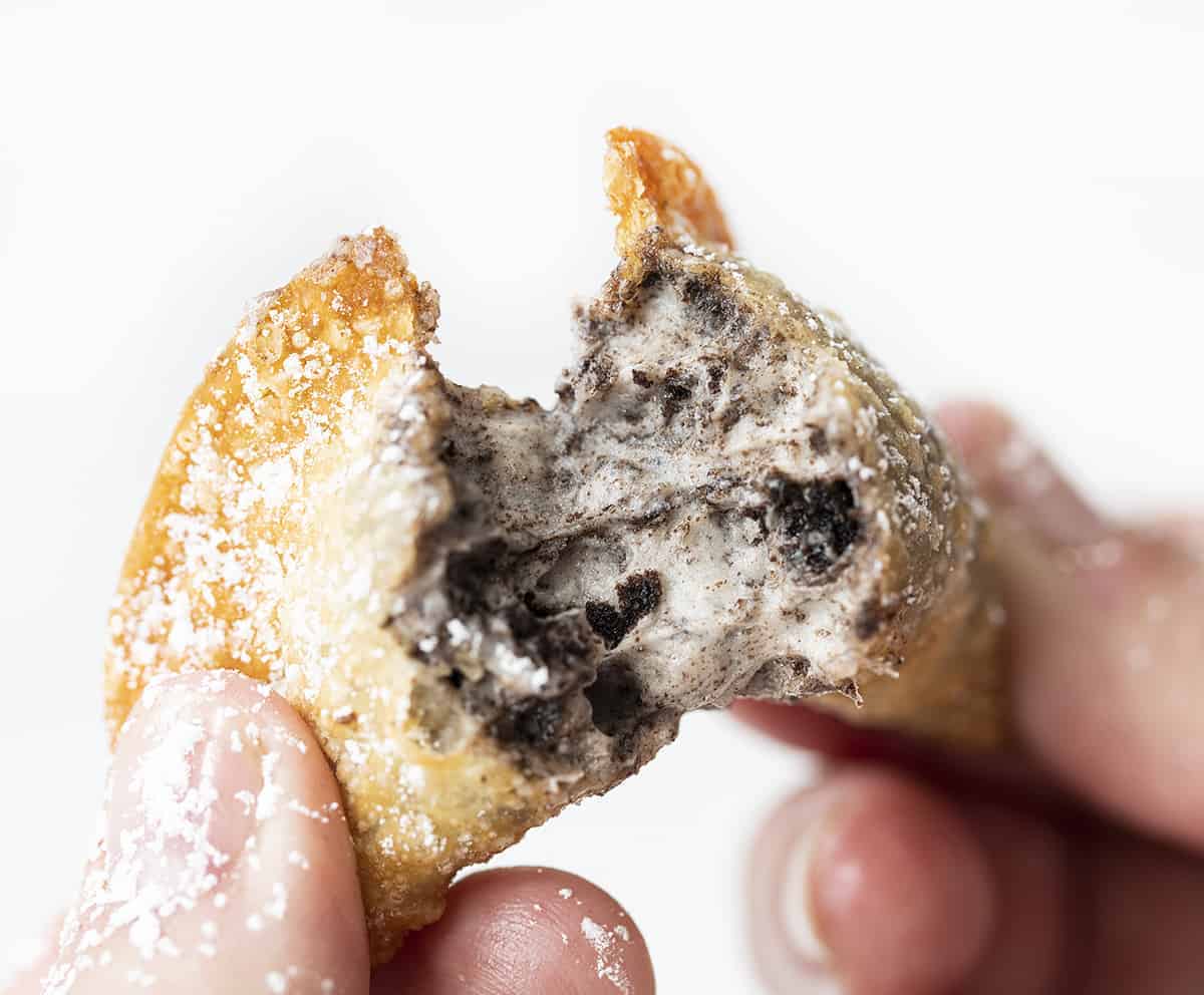 Breaking Open Deep Fried Oreo Wontons - Cookies and Cream Eggrolls with Hands