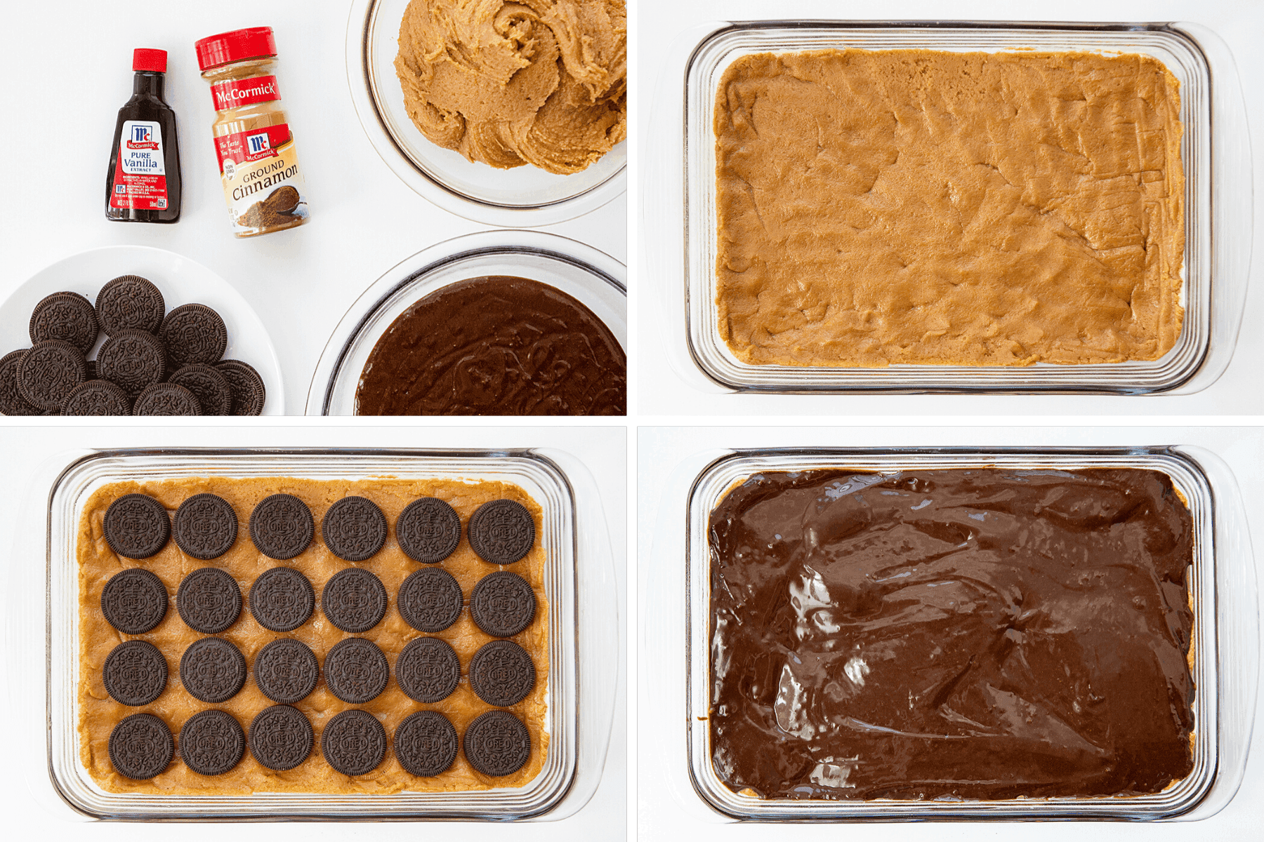 Process Shots of Raw Ingredients for Peanut Butter Slutty Brownies - Peanut Butter Cookie Layer, Oreo Layer, and Brownie Batter Layer